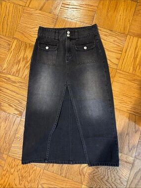We The Free Black High-Waisted Front-Slit Denim Midi Skirt